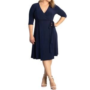 Kiyonna Essential Wrap tea length 3/4 sleeve dress blue size 3X